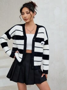 SHEIN Unity Striped Pattern 3D Panda Detail Drop Shoulder Cardigan - Black and White - View 5