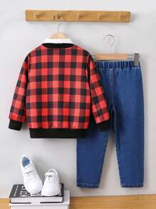 Chàng trai trẻ 1 Miếng Bản in Gingham Áo khoác & 1 Miếng Quần jean & 1 Miếng Nơ thắt Áo sơ mi - Nhiều màu - Xem 2