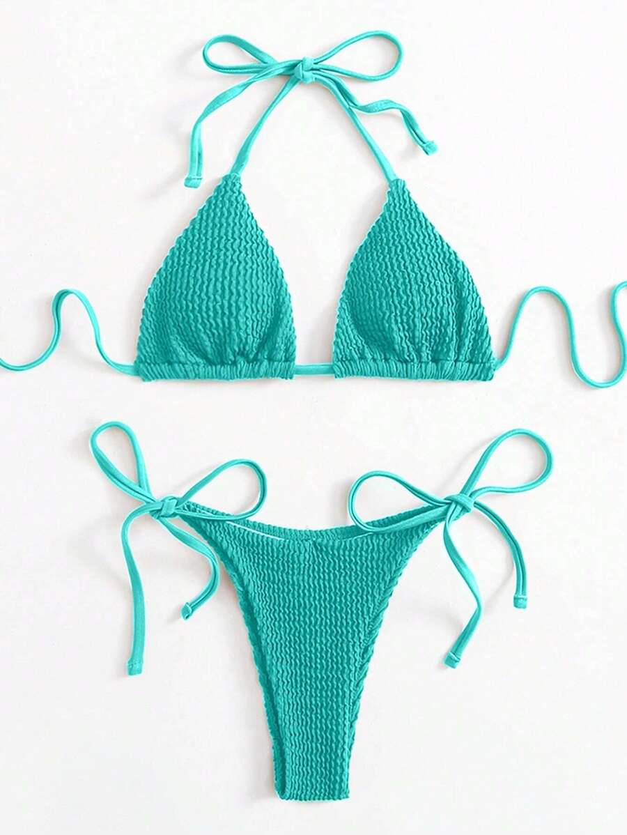 SHEIN Swim Summer Beach Textured Halter Thong Bikini Set - Baby Blue - View 1