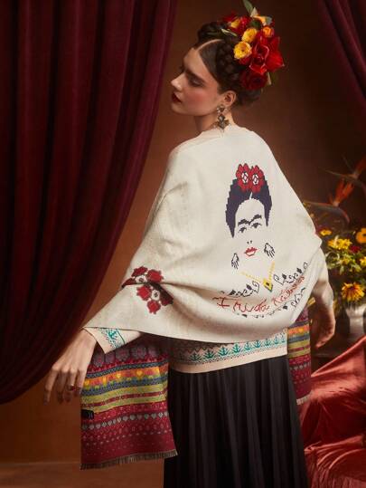 Frida Kahlo X SHEIN Woman Floral Pattern Fashion Scarf For Daily Life, Gifts