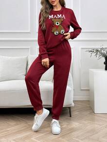 Bear And Letter Graphic Sweatshirt & Sweatpants - Burgundy - View 3