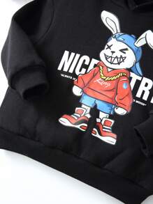 SHEIN 男小童寬鬆可愛兔子卡通字母圖案落肩袖連帽衫,秋天和冬天 - 黑色 - 查看 4