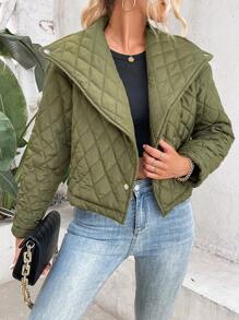 SHEIN LUNE Waterfall Collar Quilted Padded Coat Clothes Winter - Olive Green - View 2