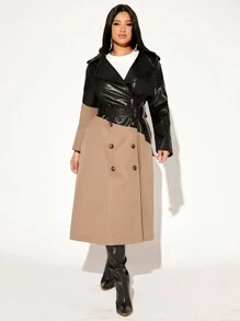 SHEIN SXY 秋冬双色双排扣腰带风衣 - 卡其色 - 查看 1