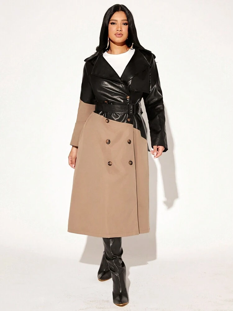 Two Tone Double Breasted Belted Trench Coat In Fall/Winter