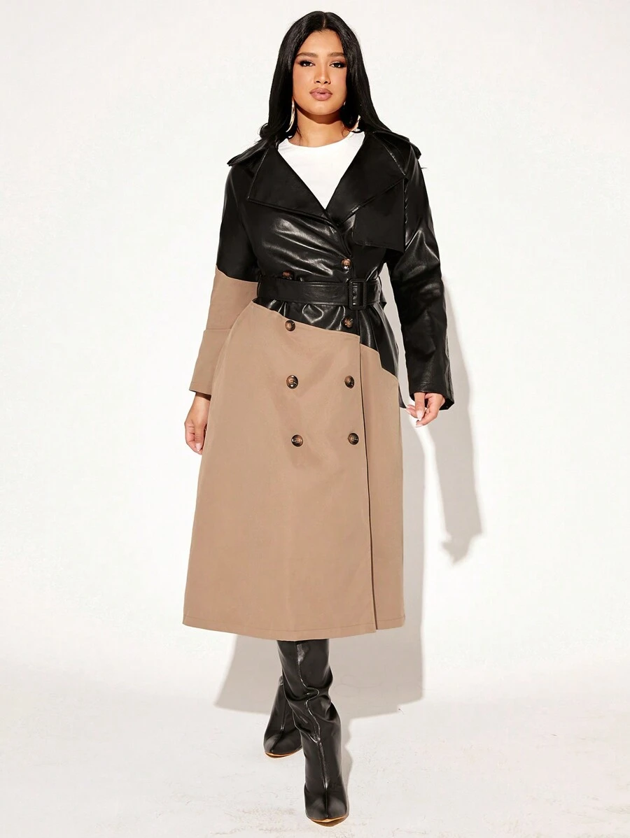 SHEIN SXY 秋冬双色双排扣腰带风衣 - 卡其色 - 查看 1