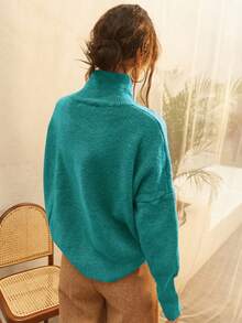 Knit Mix Elegant Women's Turtleneck Oversized Knit Sweater, Suitable For Autumn/Winter, Thick Long Sleeve Pullover, Retro Vintage Style, Suitable For Christmas, New Year, Thanksgiving, Valentine's Day, Back To School, Winter, Autumn - Teal Blue - View 3