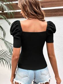 SHEIN VCAY Sweetheart Neck Puff Sleeve Tee - Black - View 2