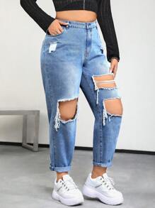 SHEIN ICON Plus High Waist Ripped Cut Out Mom Fit Jeans - Light Wash - View 5