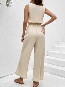 SHEIN VCAY 正面鈕扣闊腿背心連身褲 - 卡其色 - 查看 2