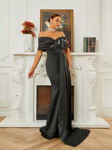 Missord Vestido de vestir de hombros descubiertos pecho con fruncido aplique - Negro - Ver 6