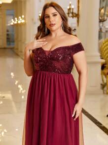SHEIN Belle Vestido formal de color rojo burdeos con hombros descubiertos, inserto de lentejuelas y contraste de malla - Burdeos - Ver 6