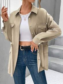 SHEIN Essnce 有蓋口袋落肩抽繩馬甲 - 卡其色 - 查看 7