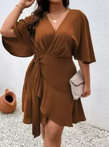 Vionelle Plus Batwing Sleeve Knot Side Ruffle Trim Wrap Dress - Brown - View 4