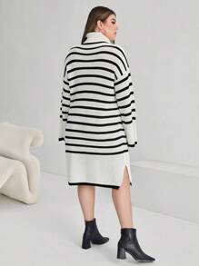 SHEIN Essnce 大碼條紋圖案落肩袖毛衣洋裝不附腰帶 - 黑與白 - 查看 2