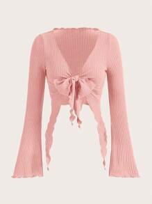 SHEIN ICON Tie Trước Ren Mộc nhĩ Tay áo kèn  Top Cây trồng - Hồng - Xem 1