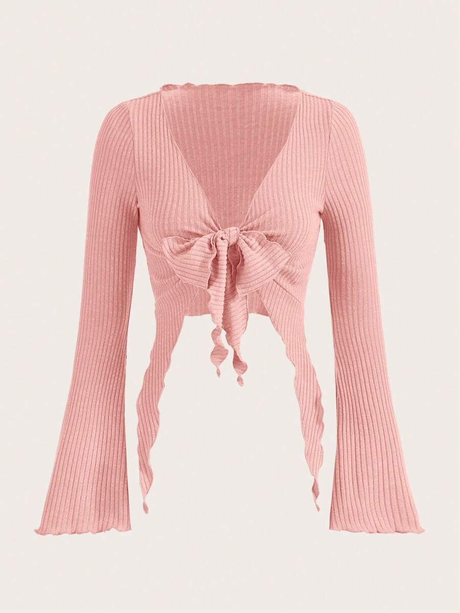 SHEIN ICON Tie Trước Ren Mộc nhĩ Tay áo kèn  Top Cây trồng - Hồng - Xem 1