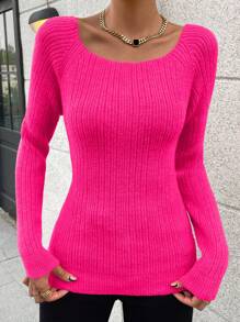 Chiquease Jersey de cuello scoop de manga raglán tejido de canalé - Rosa Fucsia - Ver 6