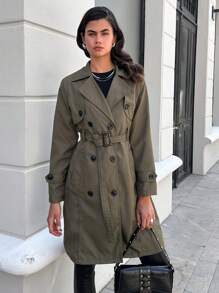 EURMUSE Double Breasted Belted Trench Coat - Green - View 5