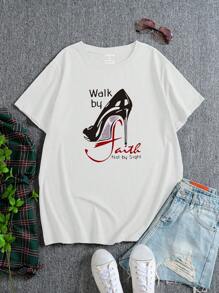 SHEIN EZwear Áo thun Plus size Hoạt hình Lá thư Slogan Giải trí - trắng - Xem 1