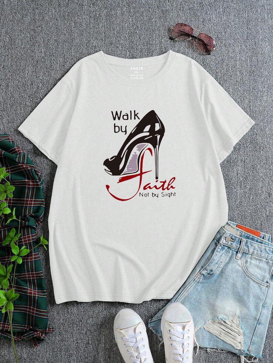 SHEIN EZwear Áo thun Plus size Hoạt hình Lá thư Slogan Giải trí - trắng - Xem 1