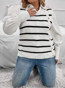 SHEIN LUNE Plus Striped Pattern Button Detail Knit Top Without Shirt - Black and White - View 3