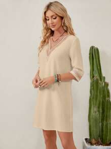 SHEIN LUNE Guipure Lace Insert Tunic Dress - Apricot - View 5