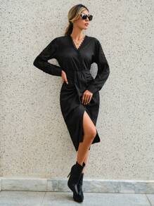 SHEIN Clasi Rochie plină cu tiv cu volan - Negru - Vizualizare 5