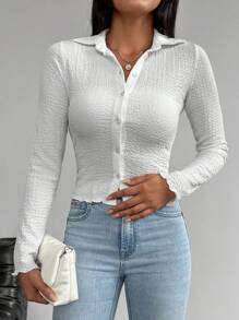 RueChic Solid Button Front Lettuce Trim Shirt - White - View 4