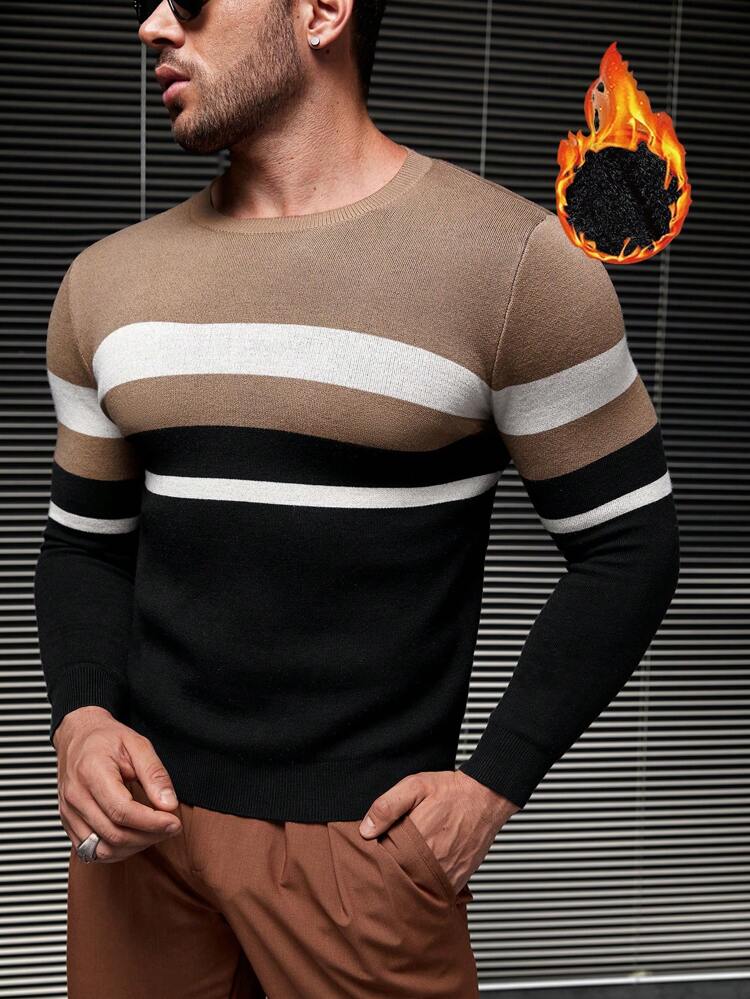 Men Striped Pattern Colorblock Sweater