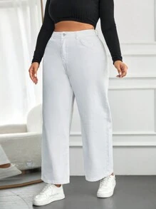 SHEIN Cottnline Plus Pocket Detail Straight Leg Jeans - White - View 1