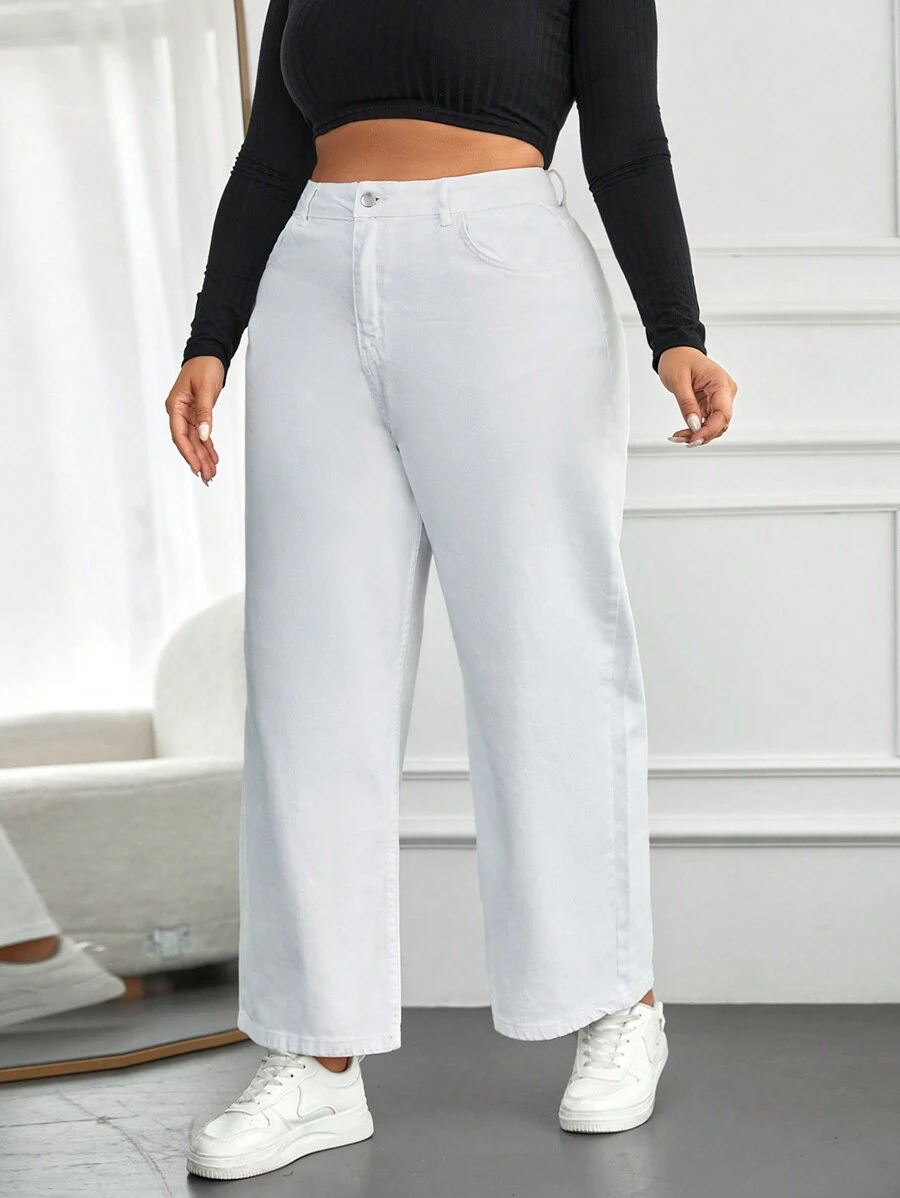 SHEIN Cottnline Plus Pocket Detail Straight Leg Jeans - White - View 1