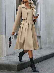 SHEIN LUNE Solid Button Front Shirt & Fold Pleated Dress - Khaki - View 7