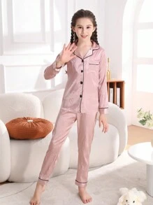Tween Girl Satin Pajama Set Long Pants Silk Button Style Long Sleeved Cardigan Top Soft And Comfortable Cute Suitable For Children Aged 8-13 Spring And Autumn Two Pieces Sets Loungewear - Pink - View 3