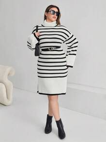 SHEIN Essnce 大碼條紋圖案落肩袖毛衣洋裝不附腰帶 - 黑與白 - 查看 1