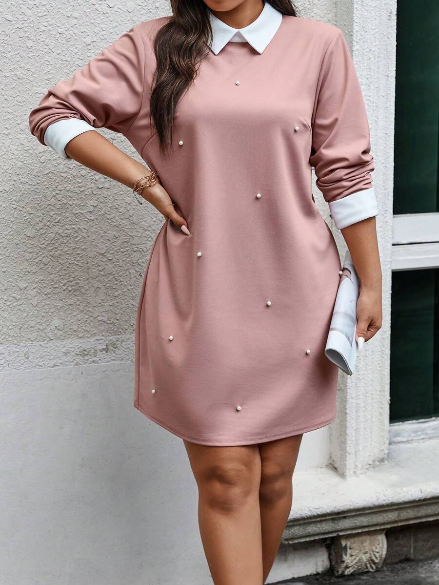 Calvaya Hơn Ngọc trai đính cườm Cổ áo tương phản Đầm - Hồng - Xem 1