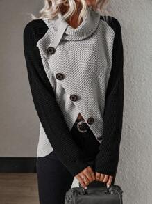 EMERY ROSE Farbblockpullover mit asymmetrischem Saum und Knopfverschluss, Langarmoberteil