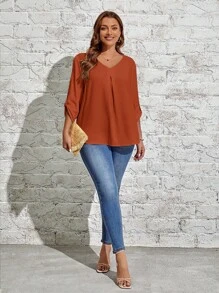 EMERY ROSE Plus Solid V Neck Blouse - Redwood - View 5