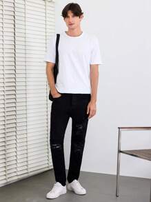 RueChic Men Ripped Frayed Straight Leg Jeans - Black - View 5