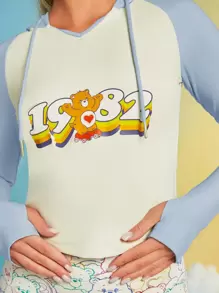 SHEIN X Care Bears Cartoon Graphic Drawstring Hooded Crop Curved Hem Long Sleeve Sweatshirt - Blue - View 6