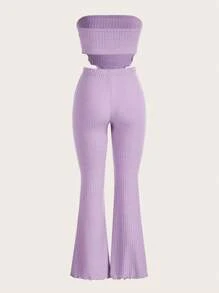SHEIN EZwear 木耳邊頭巾下擺短款抹胸上衣&喇叭褲 - 紫丁香色 - 查看 2