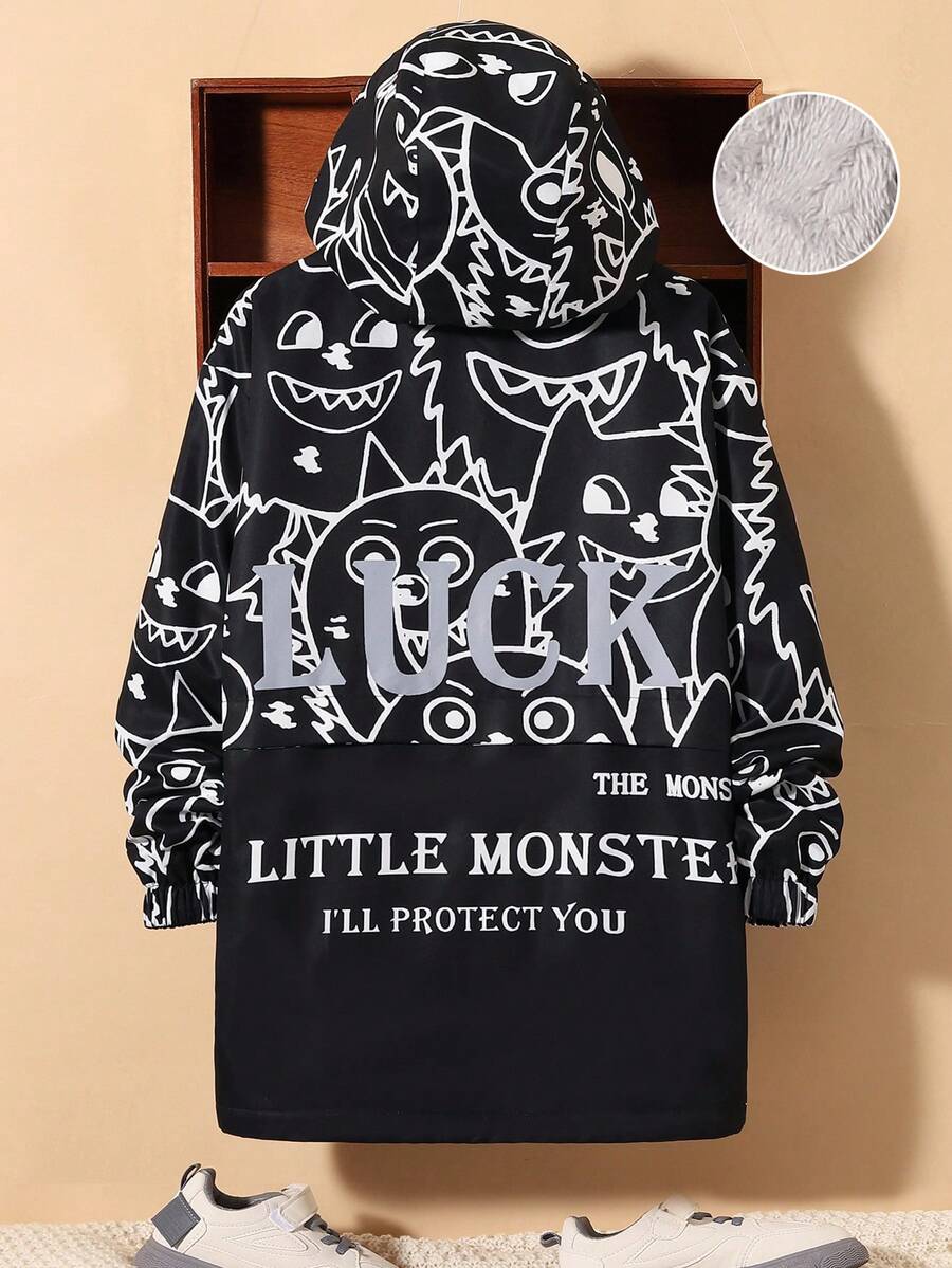 SHEIN 小男童標語和卡通圖案連帽加絨內裏外套 - 黑色 - 查看 1
