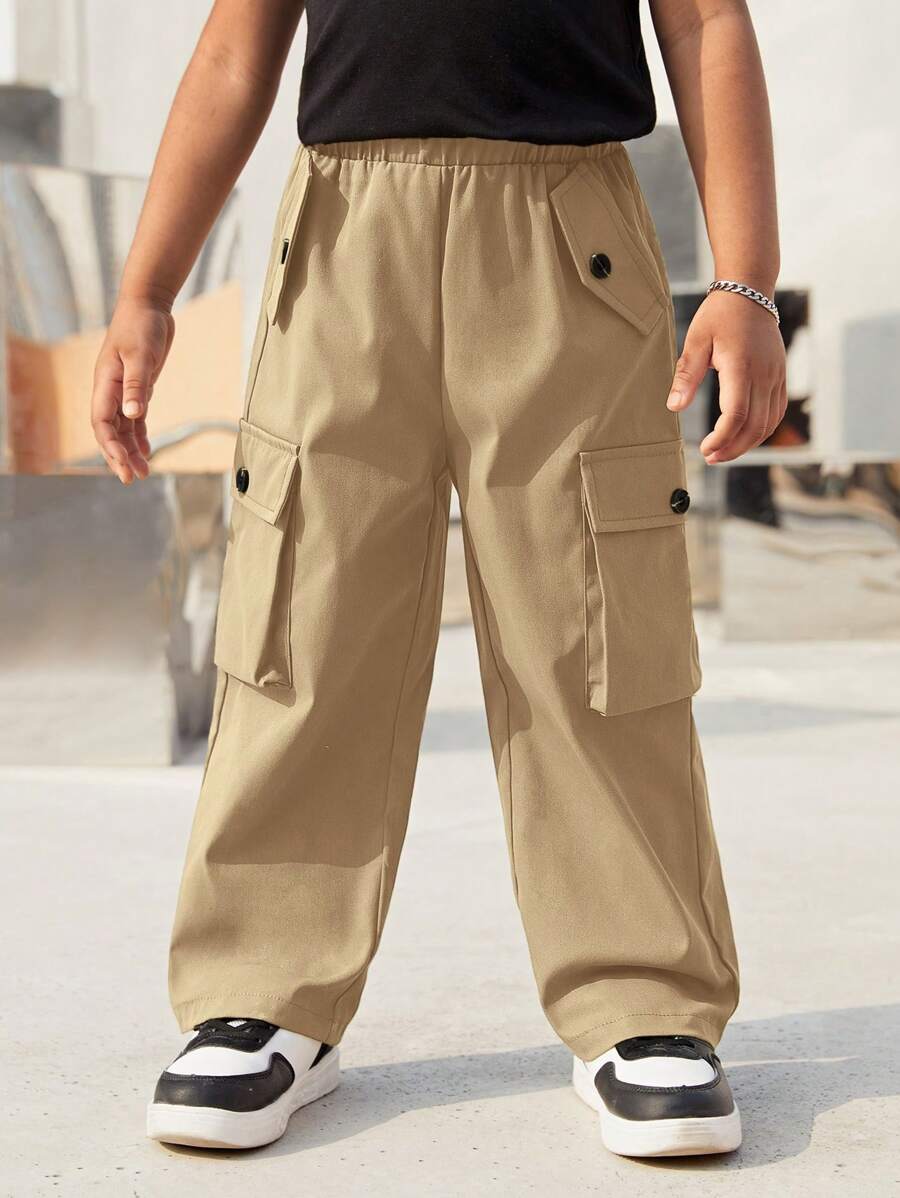 SHEIN Pantalones cargo casuales lisos para niños pequeños con bolsillos con solapa - Caqui - Ver 1