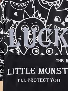 SHEIN 小男童標語和卡通圖案連帽加絨內裏外套 - 黑色 - 查看 5