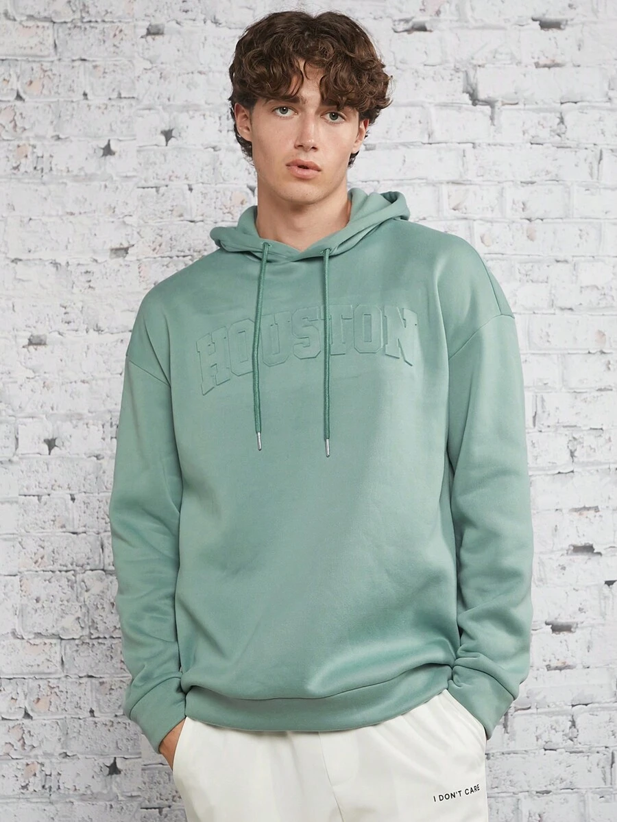 Manfinity RebelGame Men Letter Embossed Drop Shoulder Drawstring Hoodie - Green - View 1