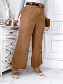 SHEIN Unity Plus Size Women's Casual Business Commute Versatile Corduroy Flare Leg Pants, Autumn (Belt Not Included) - Brown - View 6