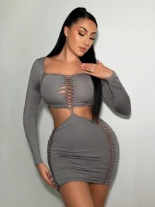 SHEIN SXY Cut Out Bodycon Dress - Light Grey - View 4