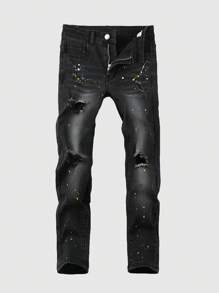 SHEIN Tween Boy Splatter Print Ripped Jeans Chic Outfits For Autumn/Winter - Black - View 1