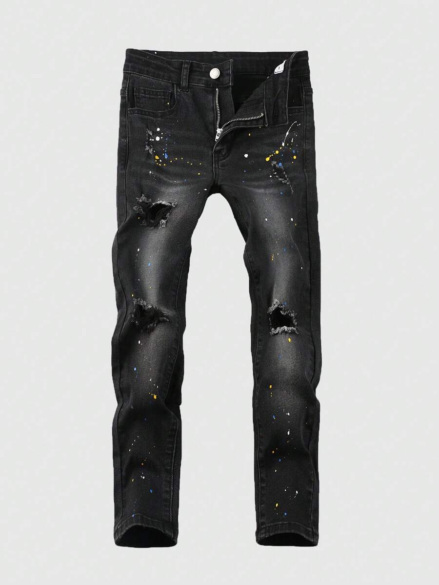 SHEIN Tween Boy Splatter Print Ripped Jeans Chic Outfits For Autumn/Winter - Black - View 1