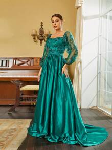 Missord Floral Embroidery Mesh Panel Lantern Sleeve Formal Dress - Green - View 7